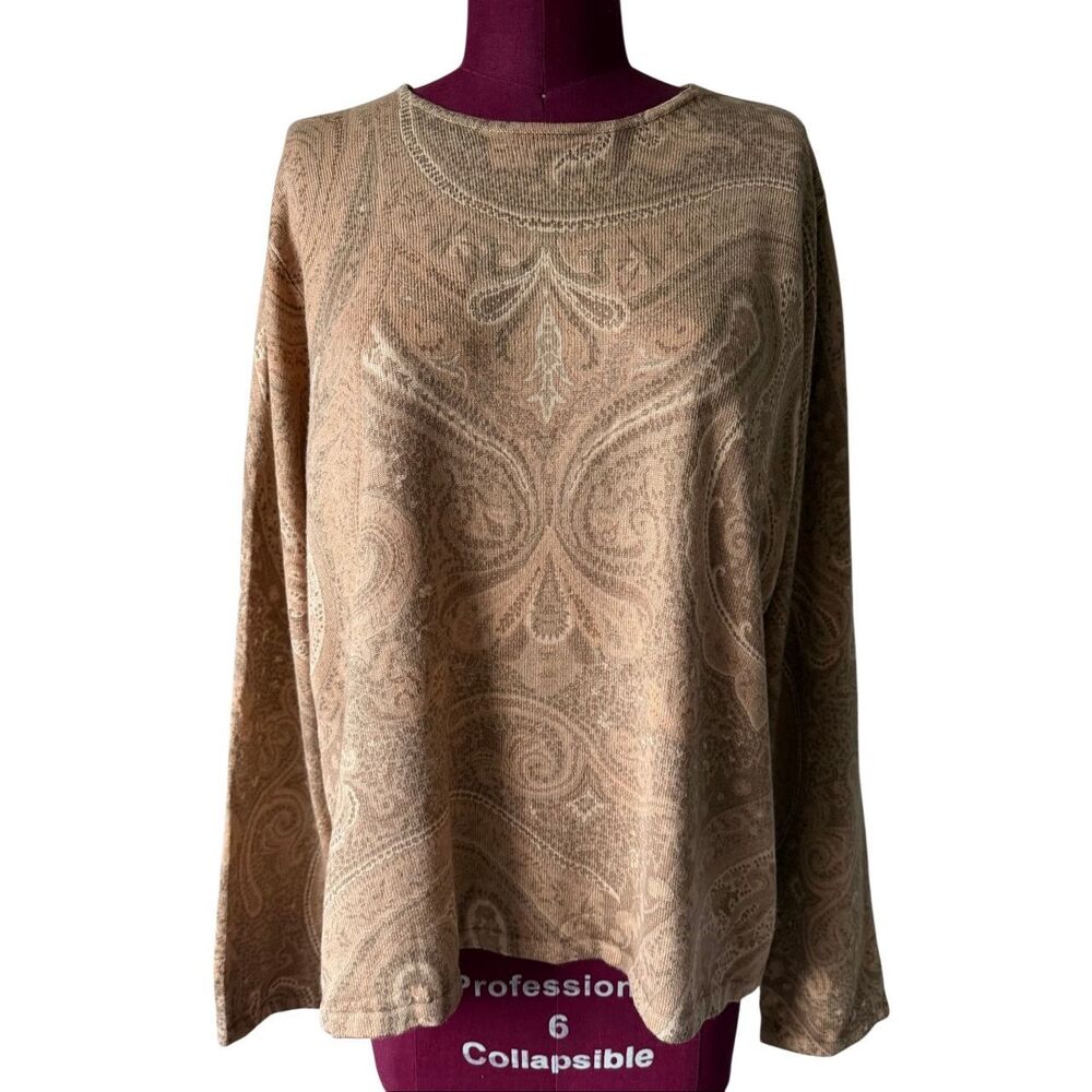Lauren Ralph Lauren Top Sweater Long Sleeve Silk Cashmere Crewneck Paisley Tan 2